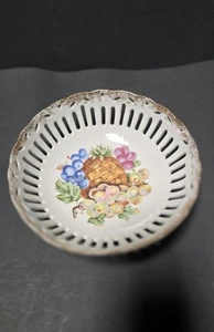 Vintage Netz Obst Ananas Trauben Porzellan Süßigkeiten Nuss Schale Goldrand - Bild 1 von 7