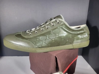 Zapatillas bajas Gucci de cuero verde oliva y lona recubierta GG Imprime talla 14 Foto 1 de 4