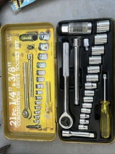 Vintage 21 Pc. SAE Socket Driver Car Set 1/4-3/8 - Picture 1 of 5