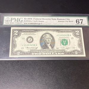 1976 Kansas City $2 FRN (JA Block) PMG 67 Superb Gem Uncirculated Fr#1935-J - Picture 1 of 7