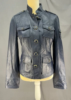 Chaqueta de Motociclista Militar Sargent de Cuero de Cordero Azul Marino Tory Burch Talla 6 ~ Minorista $1000 Foto 1 de 4