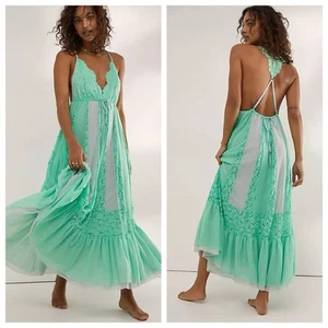 Free People HAH I'll Take You Farrer Slip Maxi Dress Size M/L Green Lace Tulle - Picture 1 of 20