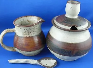 DOROTHY MAYNARD Unique STONEWARE POTTERY Milk Jug & Sugar Bowl w/Lid & Spoon AUS - Picture 1 of 10