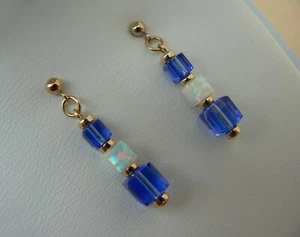 14ct gold filled earrings with White Opals & Blue Sapphire crystal cubes - Picture 1 of 4