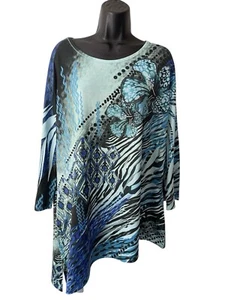 Jess & Jane Top Womens 1X Blue Multi Sequins Floral Stretch Knit Asymmetrical - Picture 1 of 9