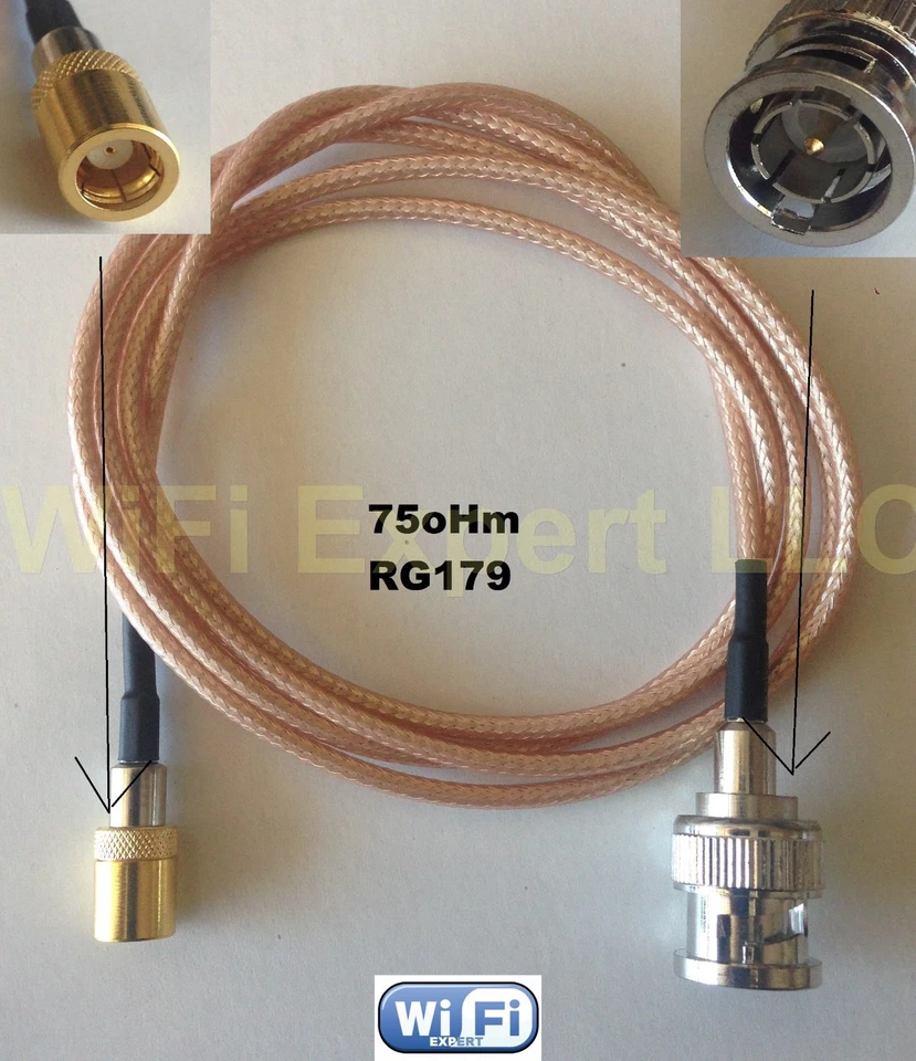 BNC male plug to SMB female jack 75Ω crimp RG179 cable jumper pigtail 1M 3ft USA - Image 1 of 4