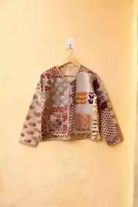 Beige Quilted Cotton Patchwork Jacket Handmade Cotton Jacket Women's Clothing US - Picture 1 of 5