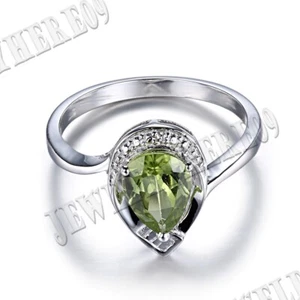 Solid 14k White Gold Pear 8x6mm Peridot Natural Diamonds Engagement Wedding Ring - Picture 1 of 8