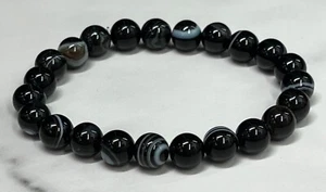 Schwarz Achat Handarbeit Perlenarmband mit weißen Spritzen, Damen Herren Schmuck - Bild 1 von 1