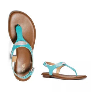 ¡Nuevo! MICHAEL KORS ~Talla 8~ Placa Tanga Correa en T Cuero Sandalias Zapato Azul Océano - Imagen 1 de 8