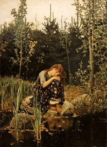 Oil painting Alyonushka beautiful young girl by spring river landscape canvas - Picture 1 of 1