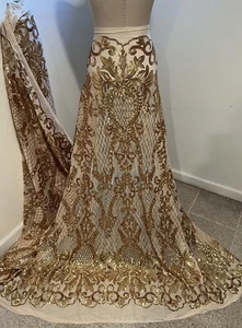 GOLD 4way stretch sequins Embroidery Mesh Lace fabric 50” Width 1 Yard - Picture 1 of 6