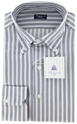 Camisa de algodón a rayas Finamore Napoli gris blanco, azul claro 15,75/40 Foto 1 de 4
