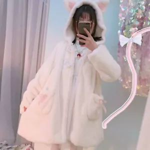 Damen Mädchen Lolita Kapuzenjacke Kunstpelz Katze Ohr Kawaii Sweat Winter - Bild 1 von 7