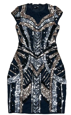 VESTIDO VAINA EXPRESS NEGRO DORADO PLATA DECO LENTEJUELAS ADORNADO MANGA GORRA XXS Foto 1 de 4