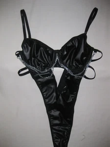 Shein cutout chain decor underwire g-string faux leather bodysuit S black goth - Picture 1 of 4