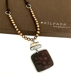 SILPADA Sterling Silver ETCHED SHELL-PEARL & ABALONE Leather Necklace~#N1803 - Picture 1 of 5