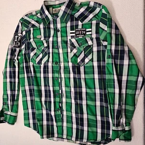 Swagnificent Raw Blue Men's Button Up Green Plaid Shirt Size Large Long Sleeve - Picture 1 of 13