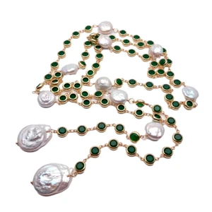 Cultured White Coin Pearl Keshi Pearl Long Green Cz Rosary Necklace - Picture 1 of 6