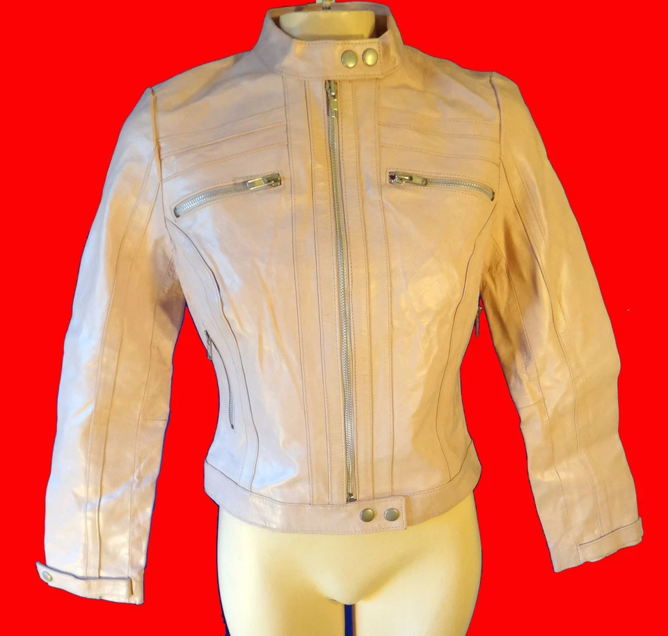 Chaqueta motera de cuero ROSA pequeña nueva cafetería motocicleta scooter carreras rayas  Foto 1 de 4