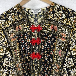 THAI CAFTAN M Maxi Floral Batik Frogs Boho Kimono Beach Caftan Hippie Black - Picture 1 of 14