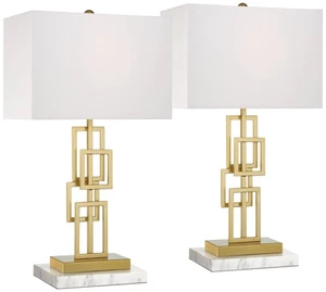 Gale Modern Table Lamps Set of 2 White Risers 26" High Brushed Gold Grid Bedroom - Picture 1 of 7