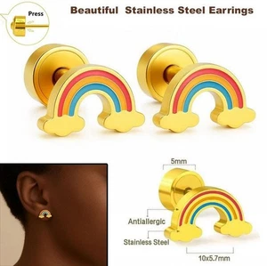 Gold Rainbow Stainless Steel Stud Earrings Hypoallergenic Colorful Jewelry Gift - Picture 1 of 6