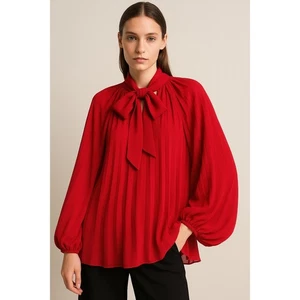 Zara Red Pleated Blouse Neck Bow Balloon Sleeves Oversized Small Holiday Party - Picture 1 of 10