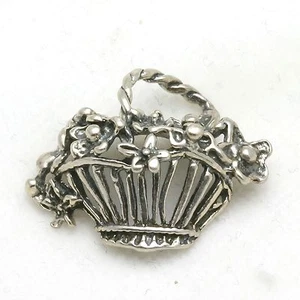 Vintage 925 Sterling Silver FLOWER Basket Pendant Charm Oxidized - Picture 1 of 3