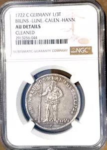 1722 C German States Brunswick Luneburg Wildman 1/3 Taler 12 MG NGC AU Germany - Picture 1 of 2