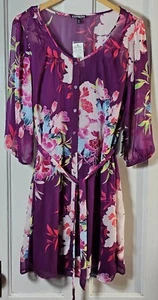 Express Dress Small NWT Magenta Floral Button-Up Belt 2-Pc. Cottagecore Sheer - Picture 1 of 24