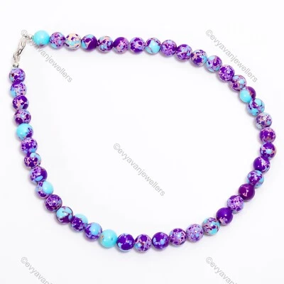 Purple Copper Turquoise Gemstone Beaded Adjustable Necklace 925 Silver For Girls - Image 1 of 4