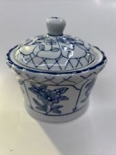Vintage Round Porcelain Lidded Jar Box White and Blue Floral Bath Vanity 5" 