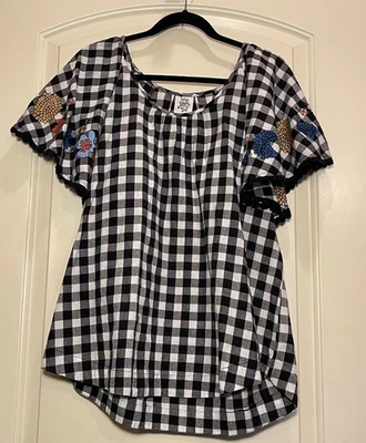 Ivy Jane Mujer Blanco y Negro Cuadros Grandes Aladas SS con Bordado/Adorno Talla Grande Foto 1 de 4