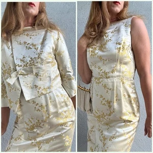 Vintage 50’s Hong Kong Champagne Satin Floral Brocade Wiggle Dress Suit 2/4 - Picture 1 of 16