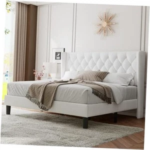 Size Bed Frame with Wingback Tufted Headboard, Upholstered Platform King White - Picture 1 of 7