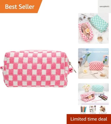 Элегантный клетчатый косметики сумка - портативный розовый и белый косметический чехол для путешествий - Изображение 1 из 4
