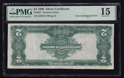 US 1899 $2 Silver Certificate INVERTED BACK ERROR FR 251 PMG 15 (708) - Image 1 of 2