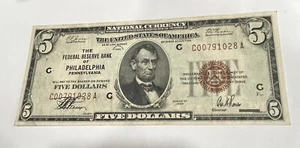1929 5,00 $ Philadelphia Federal Reserve Bank FRB nationale Währung - Bild 1 von 2