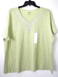 CORAL BAY 2X NWT Light Sage Green Silver Embellished SS V-Neck Slub Knit Top - Picture 1 of 5