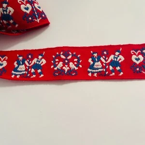 3 Yards Indanthren rot Jacquard bestickt Borte rot weiß Tänzer Tauben niederländisch - Bild 1 von 4