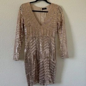 MISS ORD Damen Kleid kleine Pailletten rosegold glitzernd Netz Langarm Party - Bild 1 von 10