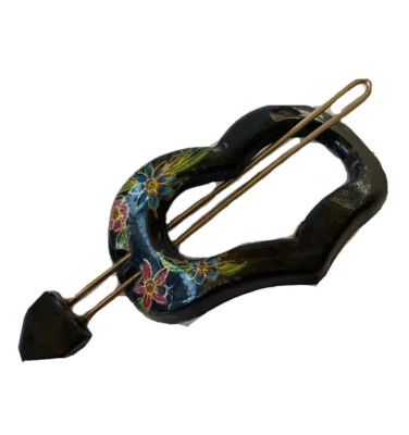 "Correa de pelo de colección años 70 con pasador deslizable corazón negro pintado floral 2,5""" Foto 1 de 4