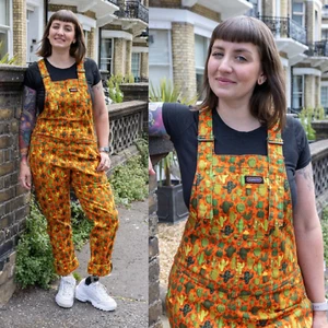 RUN AND FLY Orange Cactus Print Stretch Twill Cotton Dungarees 4XS-4XL Retro - Picture 1 of 13