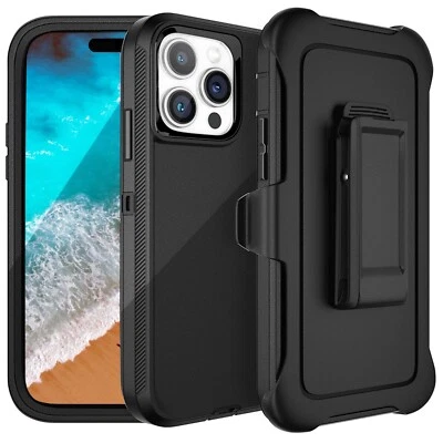 Black For iPhone 14 14 Plus Pro Max Shockproof Defender Case Cover w/ Belt Clip - Image 1 of 4