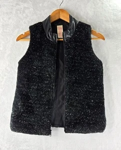 Girls Faded Glory Vest Large Faux Black Fuzzy Fur Silver Threads Puffer Back... - Picture 1 of 13