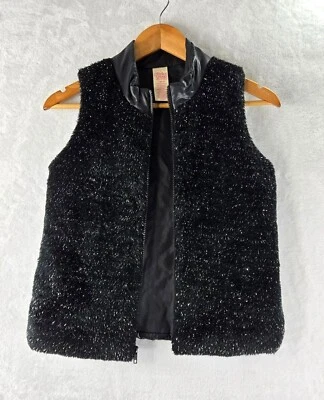 Girls Faded Glory Vest Large Faux Black Fuzzy Fur Silver Threads Puffer Back... - Image 1 of 4