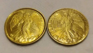 2 Two Sided Guardian Angel Coins Tokens Gold Tone 1" Religious Medal Pocket - Picture 1 of 4