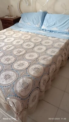 Coperta Copriletto Cotone Lino E Uncinetto Nuova Mai Usata Ecru Beige - Immagine 1 di 3