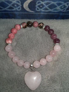 Rose Quartz Rhodochrosite Lepidolite Bracelet Crystal Healing With Heart - Picture 1 of 3
